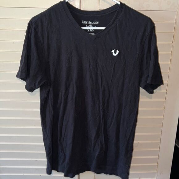 True Religion Unisex Adult Basic T-Shirt Black V-Neck Logo XS - Picture 1 of 3